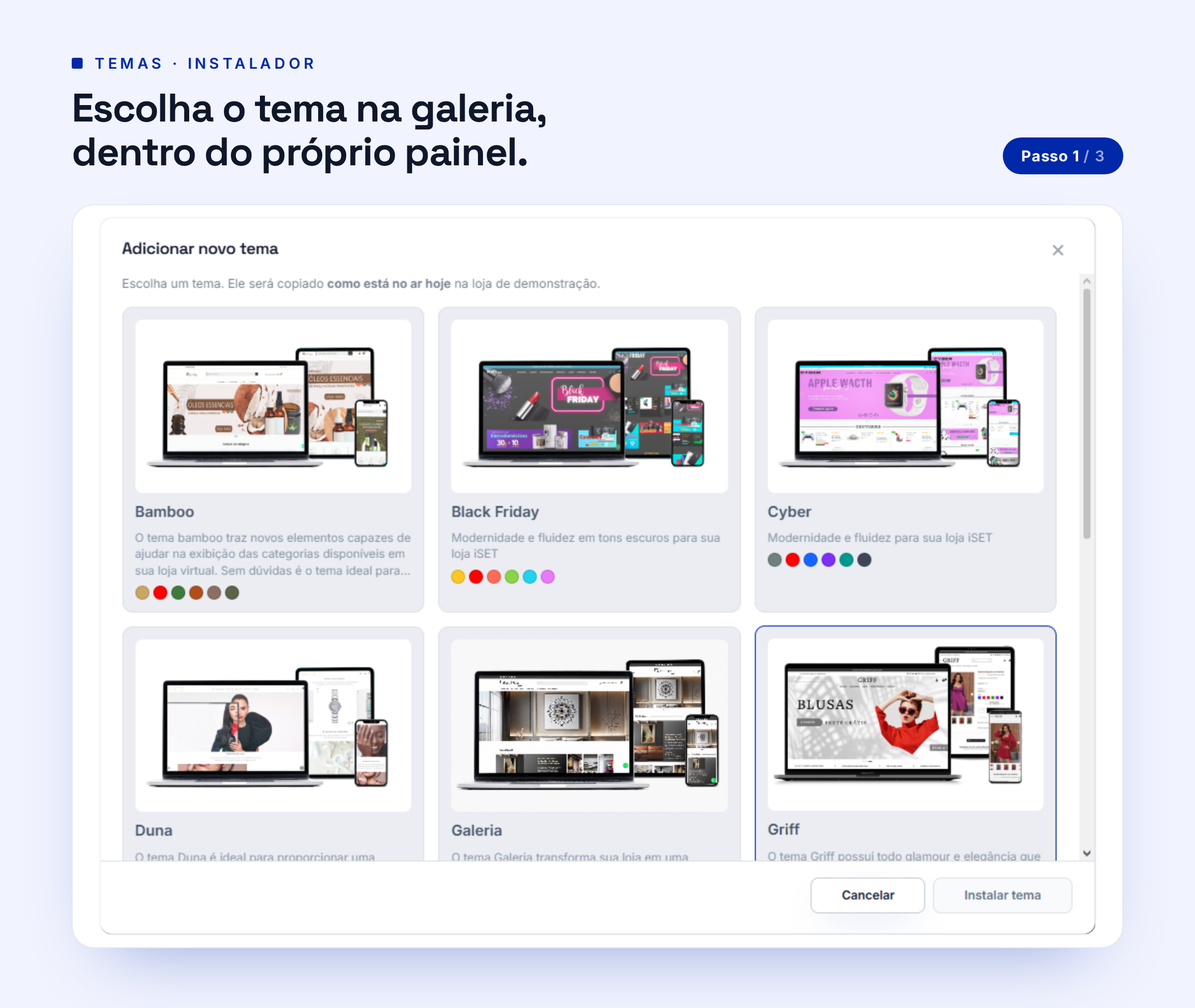 Tela original da plataforma Net Agência: Instalador de temas no painel
