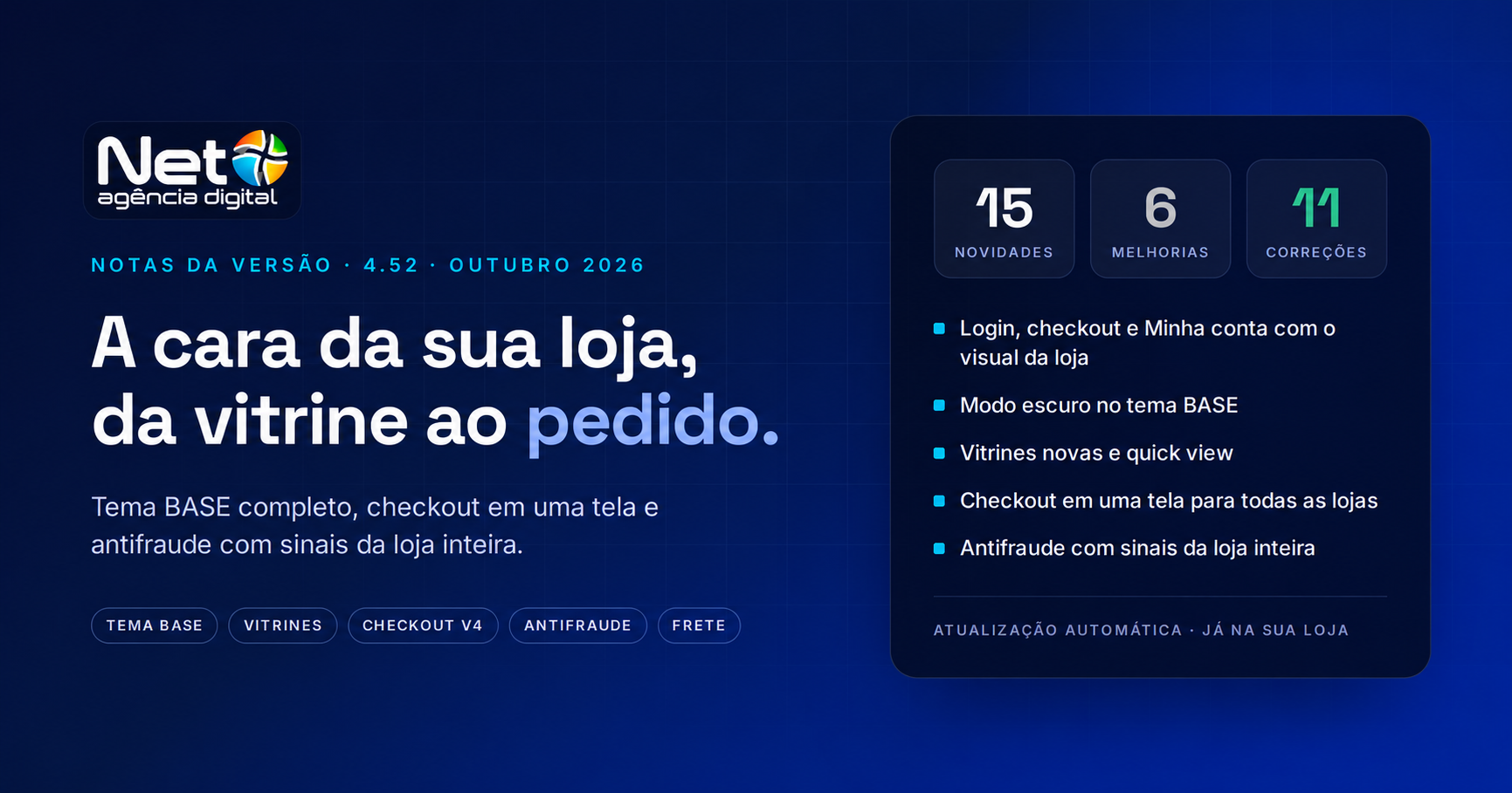 Resumo da atualização 4.52 da Net Agência: 15 novidades, 6 melhorias e 11 correções