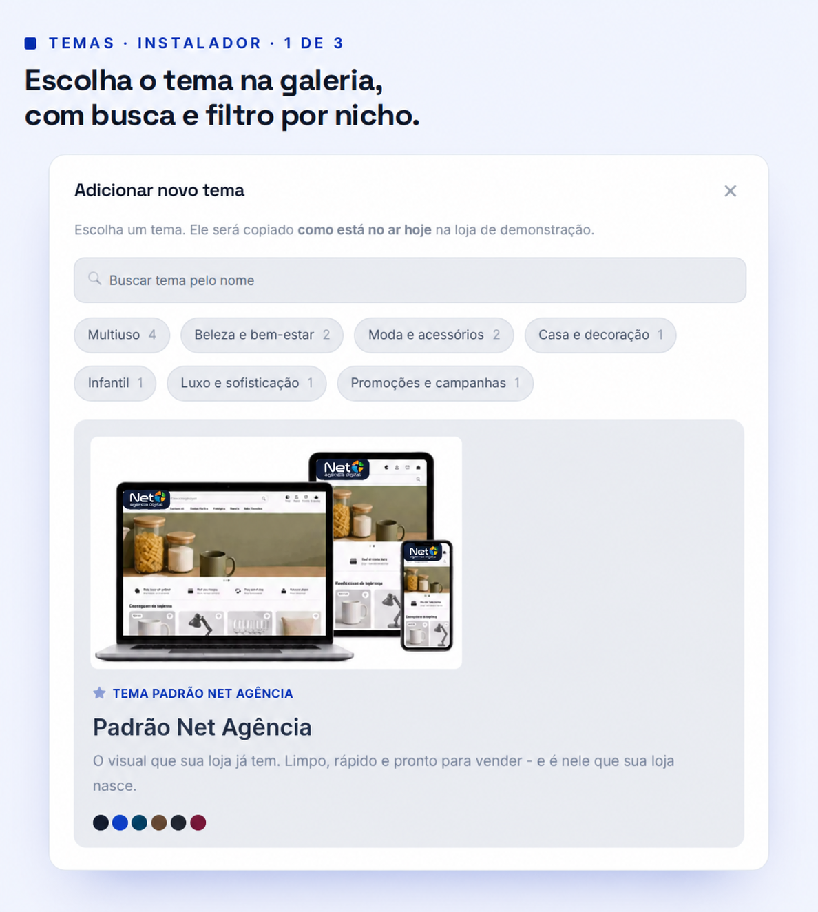 Galeria de temas e filtro por nicho — Net Agência